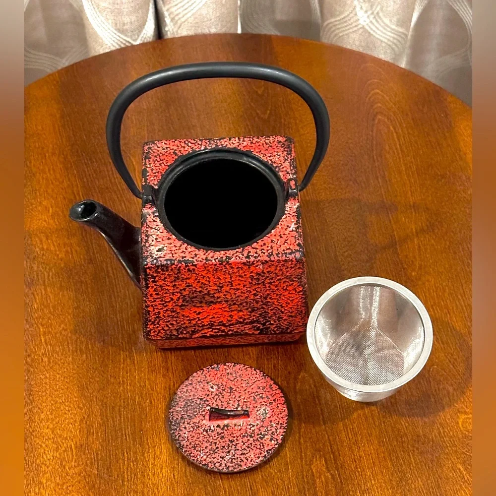 Red Cast Iron Teapot with Black Handle - Classic Home Kitchen Tea Kettle